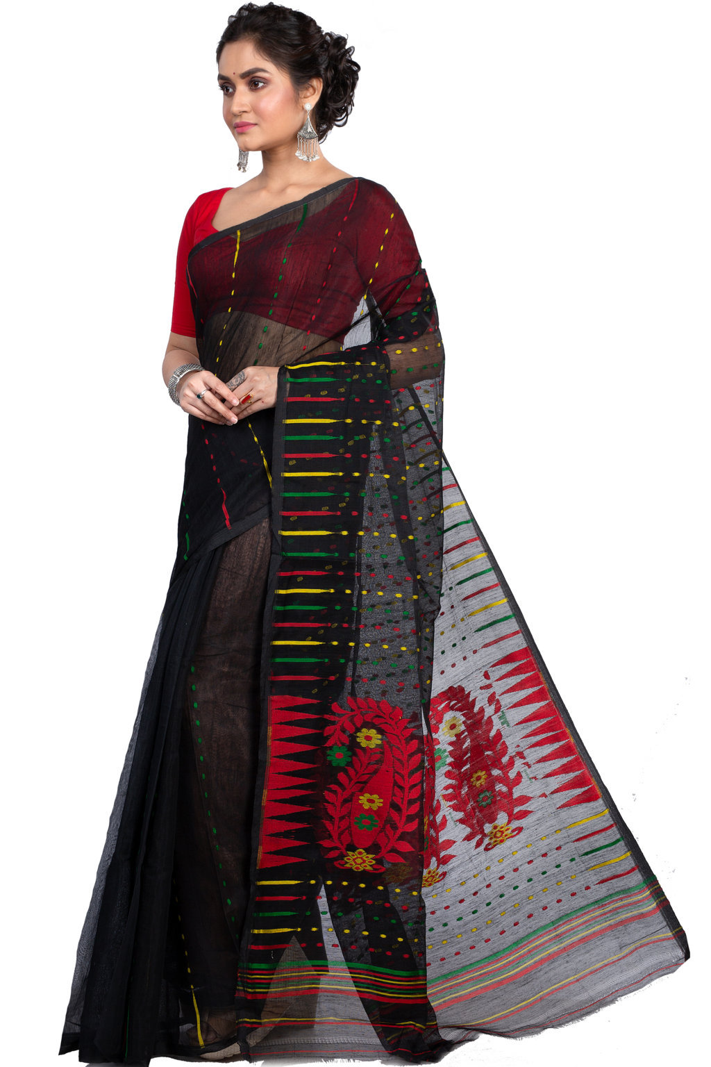Black Blended Cotton New HALF  JAMDINE Jamdani Saree (4110)